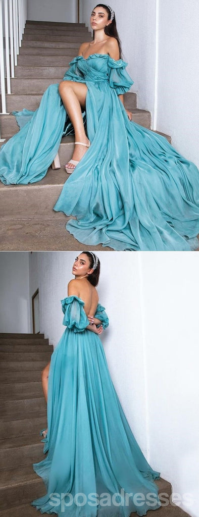 Sexy Blue A-line Off Shoulder High Slit Maxi Long Party Prom Dresses,13295
