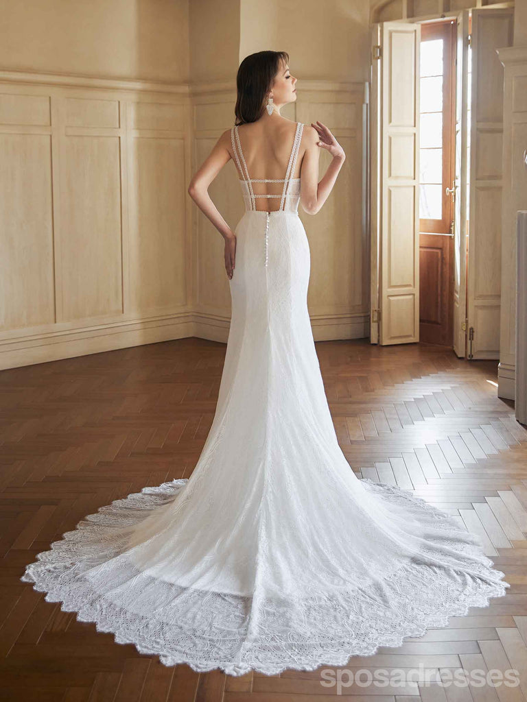 Sexy Mermaid V-neck Open Back Handmade Lace Wedding Dresses,WD810