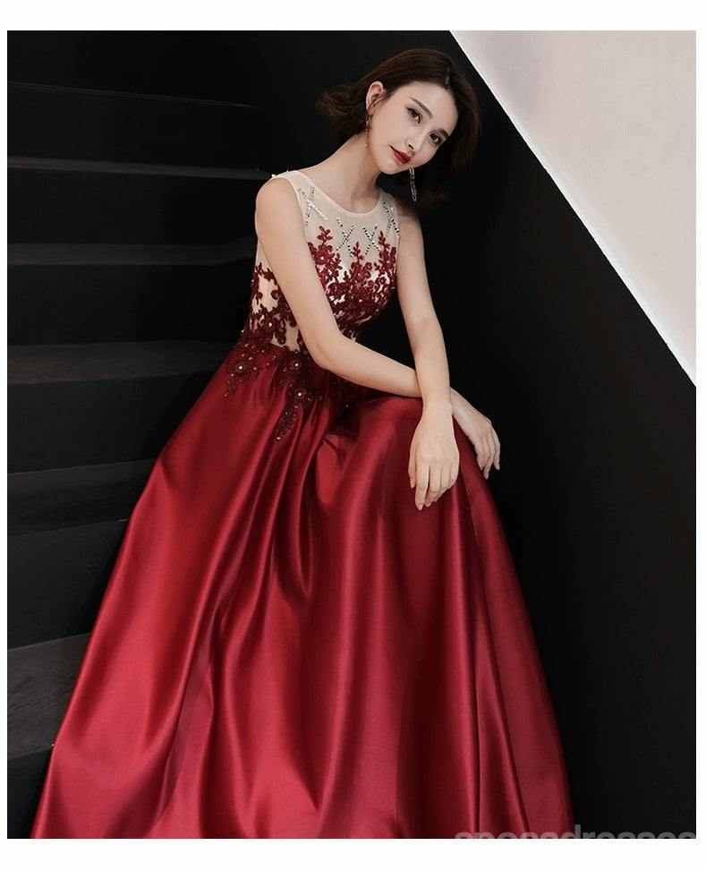 Red A-line Sleeveless Jewel Maxi Long Prom Dresses Online,PD0071