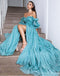Sexy Blue A-line Off Shoulder High Slit Maxi Long Party Prom Dresses,13295