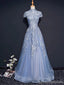 Modest High Neckline Short Sleeve Dusty Blue Long Evening Prom Dresses, Popular Long Party Prom Dresses, 17222