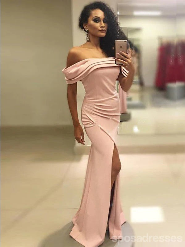 Sexy Pink Mermaid Off Shoulder Side Slit Maxi Long Party Prom Dresses Online,13327