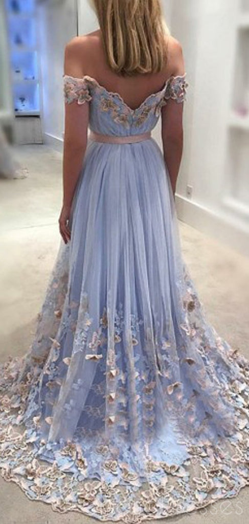 Tulle Off Shoulder A-line Blue Long Prom Dresses, Sweet 16 Prom Dresses, 12384