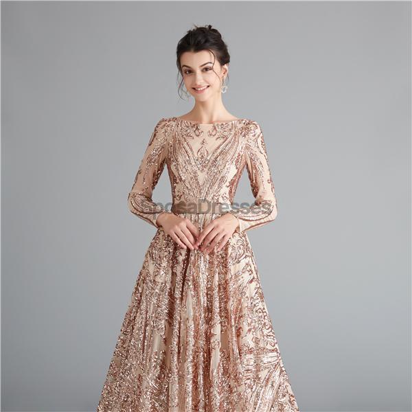 Long Sleeves Sparkly Rose Gold Backless Evening Prom Dresses, Evening Party Prom Dresses, 12111
