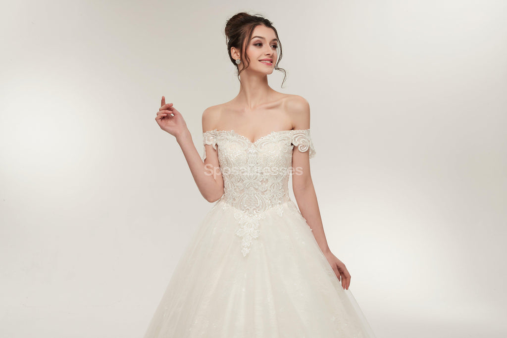 Off Shoulder Lace A-line Cheap Wedding Dresses Online, Unique Bridal Dresses, WD568