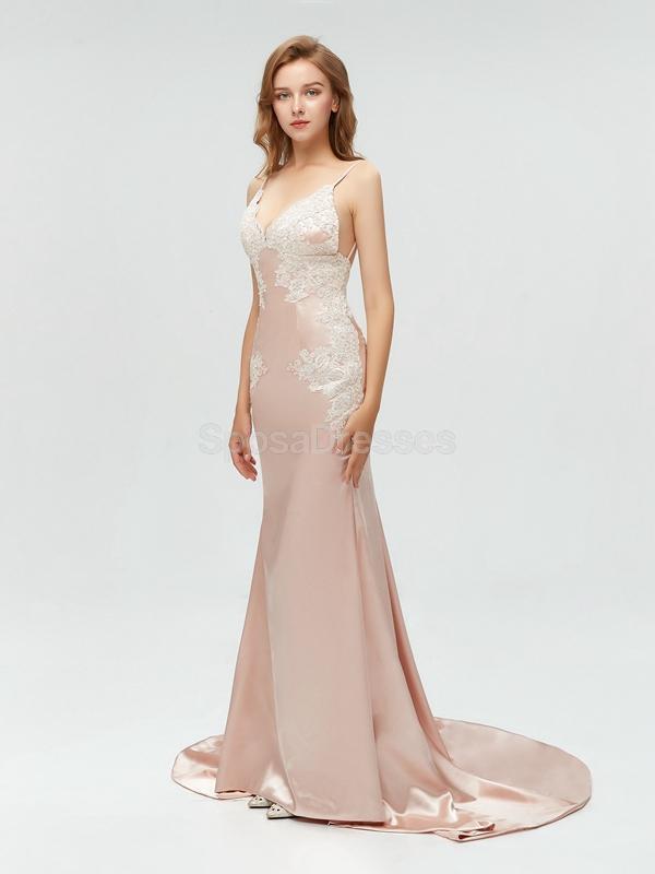 Sexy Backless V Neck Lace Mermaid Long Evening Prom Dresses, 17520