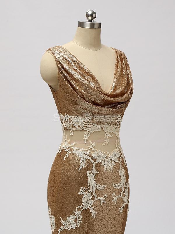 V Neck See Through Gold Sequin Mermaid Cheap Bridesmaid Dresses Online, WG599