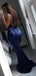 Mermaid Deep V Neck Sleeveless Navy Prom Dresses, Sweet 16 Prom Dresses, 12415