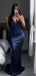 Mermaid Deep V Neck Sleeveless Navy Prom Dresses, Sweet 16 Prom Dresses, 12415