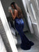 Mermaid Deep V Neck Sleeveless Navy Prom Dresses, Sweet 16 Prom Dresses, 12415