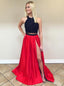 Two Pieces Open Back Side Slit A-line Long Evening Prom Dresses, 17601