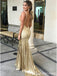 Sexy Gold Mermaid V-neck Backless Cheap Long Prom Dresses Online,12602