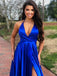 Royal Blue A-line V-neck High Slit Cheap Long Prom Dresses Online,12601