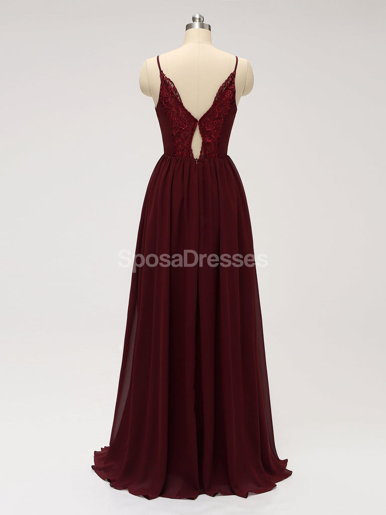 Dark Red Spaghetti Straps Chiffon Open Back Cheap Bridesmaid Dresses, WG584