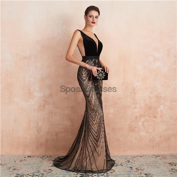 Sexy Backless V Neck Black Evening Prom Dresses, Evening Party Prom Dresses, 12132