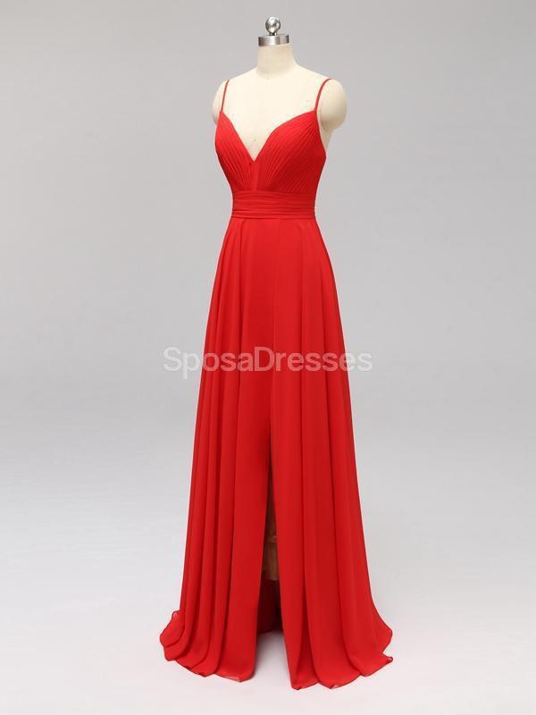 Side Slit Spaghetti Straps Red Chiffon Long Cheap Bridesmaid Dresses Online, WG592