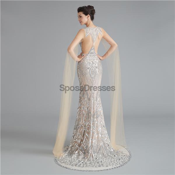 V Neck Unique Sleeves Mermaid Sequin Evening Prom Dresses, Evening Party Prom Dresses, 12118