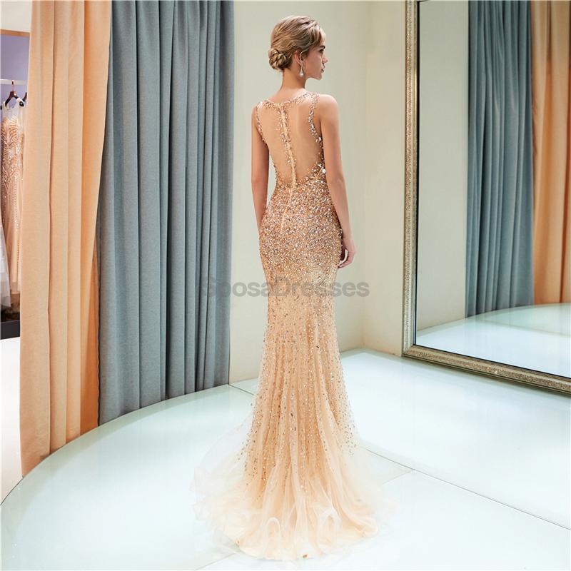 V Neck Sparkly Gold Rhinestone Beaded Mermaid Evening Prom Dresses, Evening Party Prom Dresses, 12035