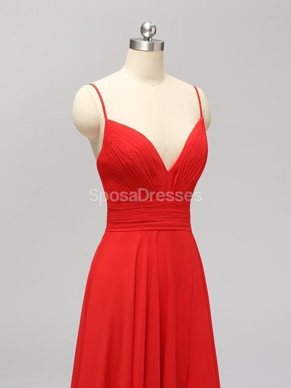 Side Slit Spaghetti Straps Red Chiffon Long Cheap Bridesmaid Dresses Online, WG592