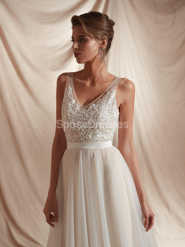 V Neck Lace A-line Cheap Wedding Dresses Online, Unique Bridal Dresses, WD580