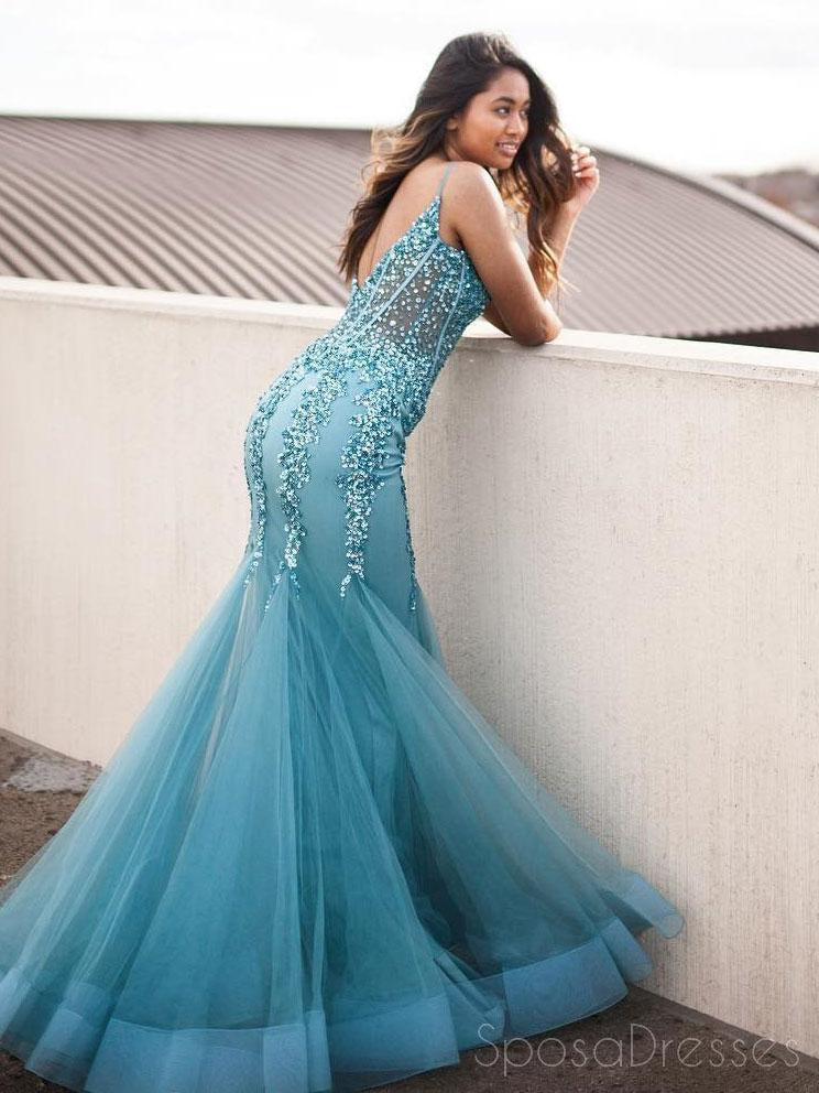 Turquoise See Through V Neck Mermaid Long Evening Prom Dresses, 17543