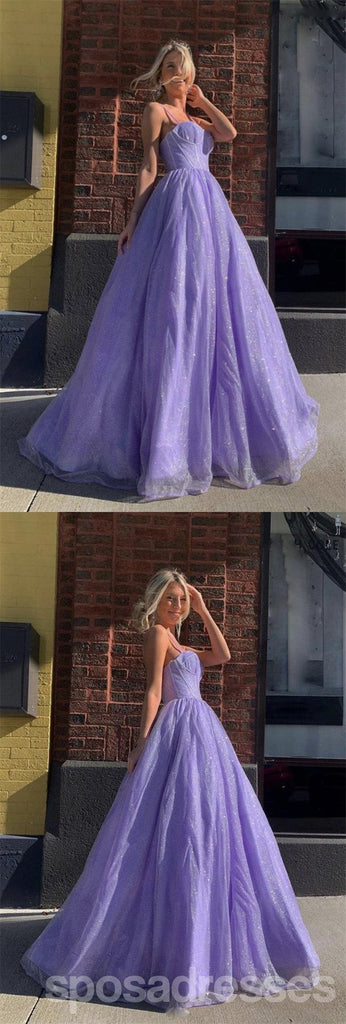 Sparkly Purple A-line Spaghetti Straps Cheap Long Prom Dresses Online,12691