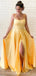 Simple Yellow Side Slit A-line Spaghetti Straps Long Evening Prom Dresses, Evening Party Prom Dresses, 12195