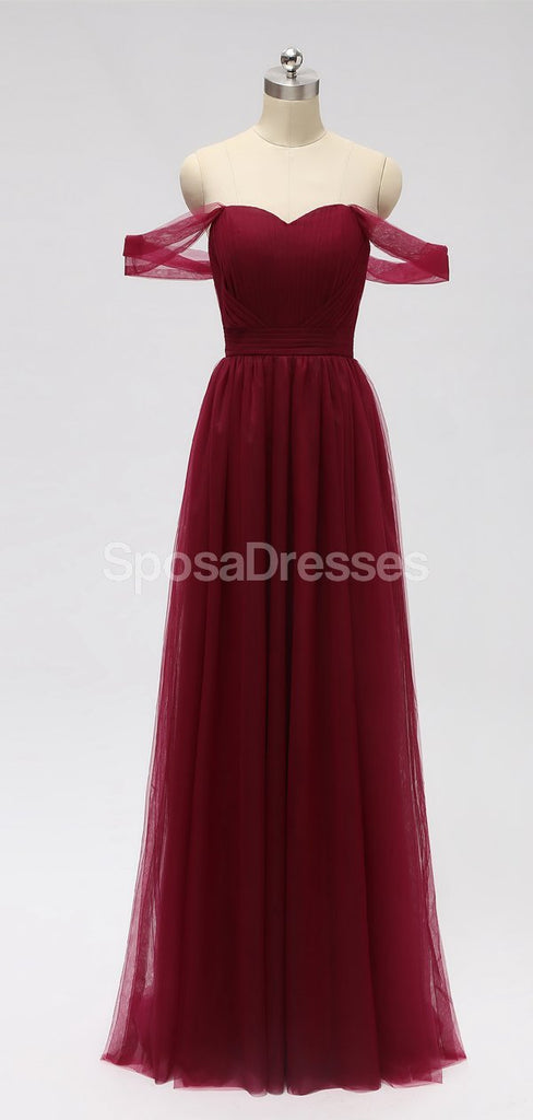 Off Shoulder Floor Length Dark Red Tulle Cheap Bridesmaid Dresses Online, WG589