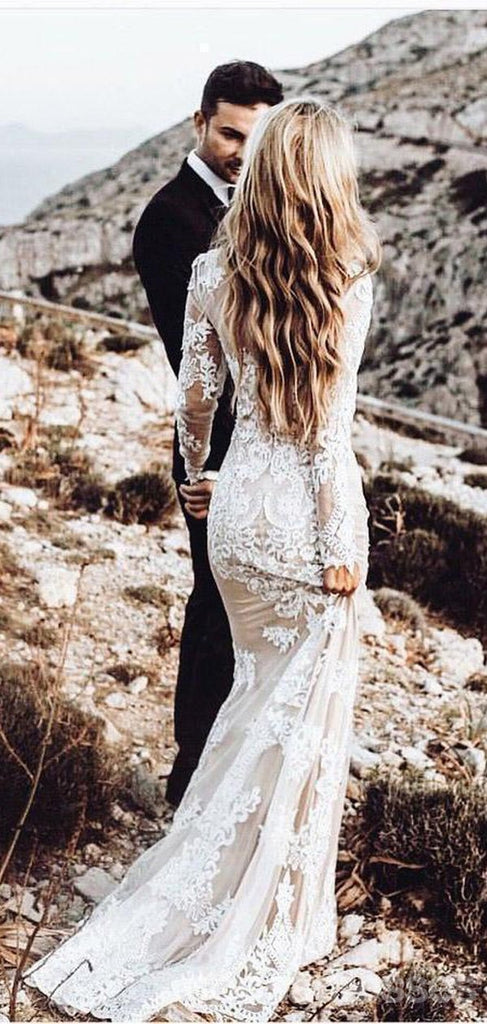 Long Sleeves Lace Mermaid Wedding Dresses Online, Cheap Beach Bridal Dresses, WD475
