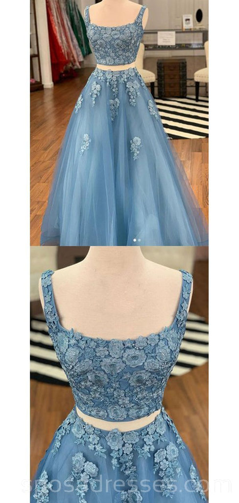 Two Piece Blue Lace Square Long Evening Prom Dresses, Cheap Party Custom Prom Dresses, 18630