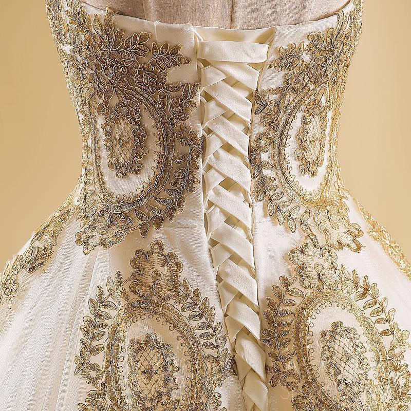Sweetheart Gold Lace A-line Long Evening Prom Dresses, Cheap Custom Sweet 16 Dresses, 18527