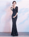 Sexy Navy Blue Mermaid V-neck Half Sleeveless Long Prom Dresses Online,12643