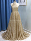 Sparkly Gold Sequin A-line Long Evening Prom Dresses, Evening Party Prom Dresses, 12295