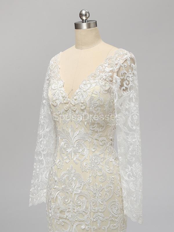 Long Sleeves Backless Lace Mermaid Wedding Dresses Online, Cheap Unique Bridal Dresses, WD585
