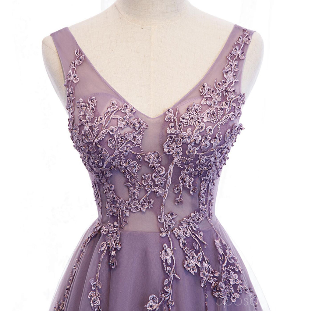 V Neck See Through Dusty Purple Long Evening Prom Dresses, Sweet 16 Prom Dresses, 12366