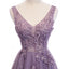 V Neck See Through Dusty Purple Long Evening Prom Dresses, Sweet 16 Prom Dresses, 12366