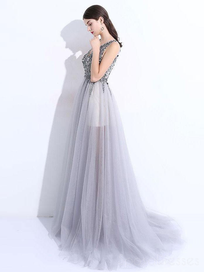 Sexy Backless See Through A line Beaded Gray Long Evening Prom Dresses, Popular Cheap Long 2018 Party Prom Dresses, 172655