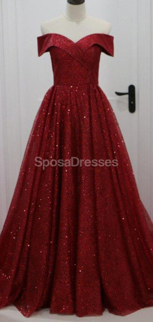 Off Shoulder Dark Red Sparkly A-line Long Evening Prom Dresses, Evening Party Prom Dresses, 12296