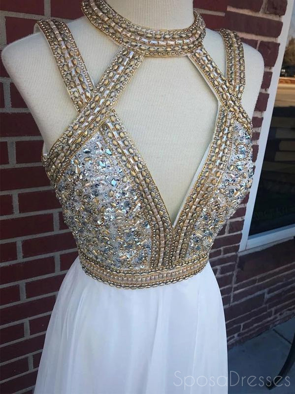 A-line Sleeveless Halter Rhinestone Prom Dresses, Sweet 16 Prom Dresses, 12476