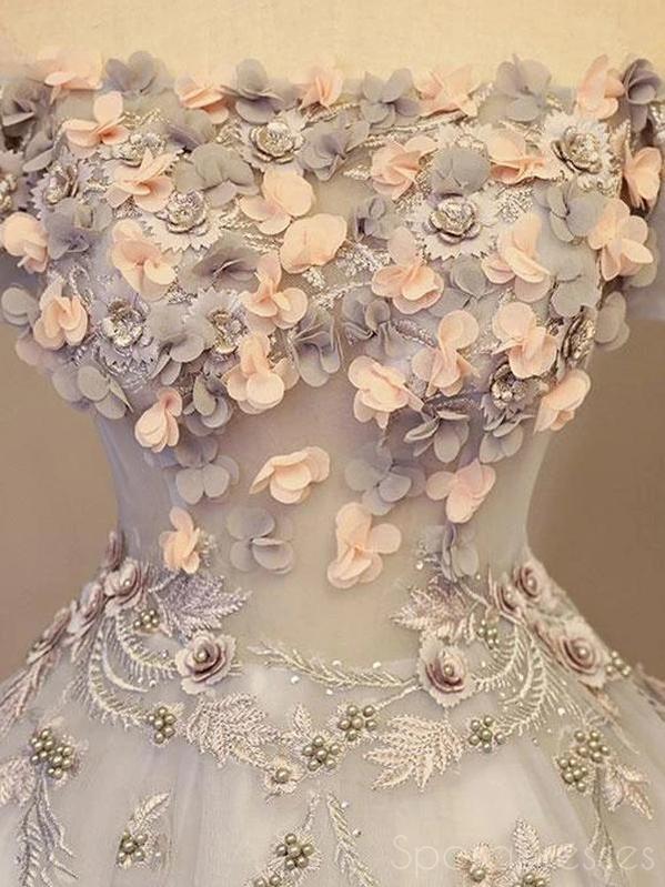 Tulle Applique Off The Shoulder Long Prom Dresses, Sweet 16 Prom Dresses, 12493