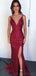 Mermaid V Neck Side Slit Long Prom Dresses, Sweet 16 Prom Dresses, 12521