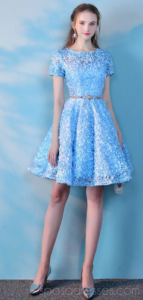 Short Sleeves Blue Lace Cheap Homecoming Dresses Online, Cheap Short Prom Dresses, CM777