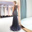 V Neck Sparkly Navy Rhinestone Beaded Mermaid Evening Prom Dresses, Evening Party Prom Dresses, 12037