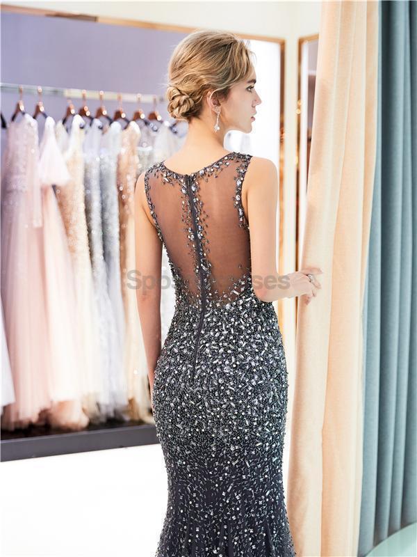 V Neck Sparkly Navy Rhinestone Beaded Mermaid Evening Prom Dresses, Evening Party Prom Dresses, 12037