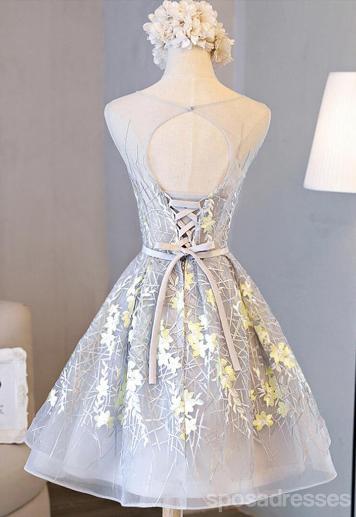 Scoop Neckline Grey and Yellow Lace Homecoming Prom Dresses, Affordable Short Party Prom Dresses, Perfect Homecoming Dresses, CM280
