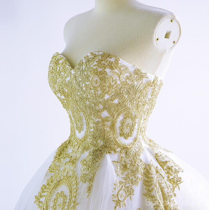 Sweetheart Gold Lace Applique A-line Wedding Dresses, Cheap Wedding Gown, WD710