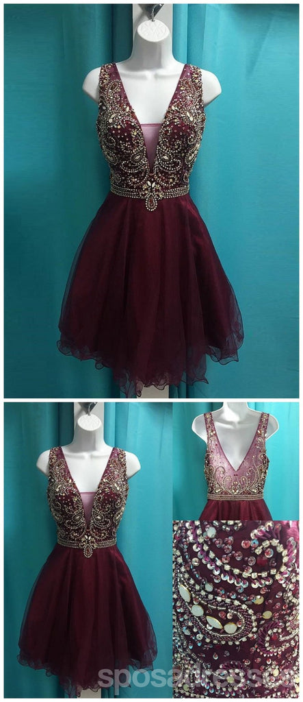 See Through V Neck Cute Beaded Maroon Homecoming Dresses 2018, CM499