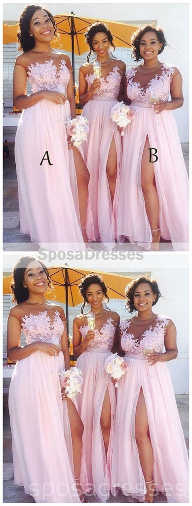 Sexy Side Slit Cap Sleeve Pink Custom Long Bridesmaid Dresses, WG233