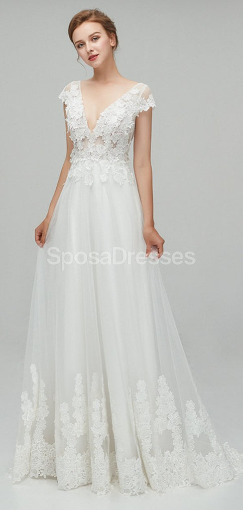See Through Backless Cap Sleeves Cheap Wedding Dresses Online, Unique Bridal Dresses, WD562