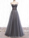 Spaghetti Straps Grey Rhinestone Beaded A-line Long Evening Prom Dresses, Evening Party Prom Dresses, 12330